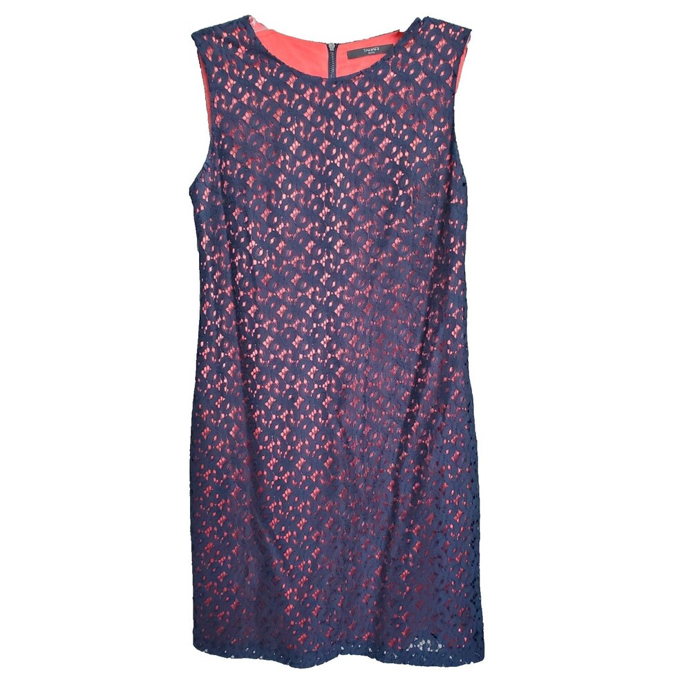 Tahari Petites Blue Lace Overlay Orange Lined Sleeveless Sheath Dress Size 8P